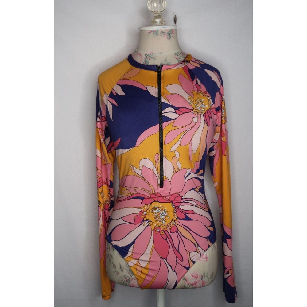 Trina Turk‎ Women's L Floral Zip Rash Guard Swim Retro Tropical Surf Beach EUC
